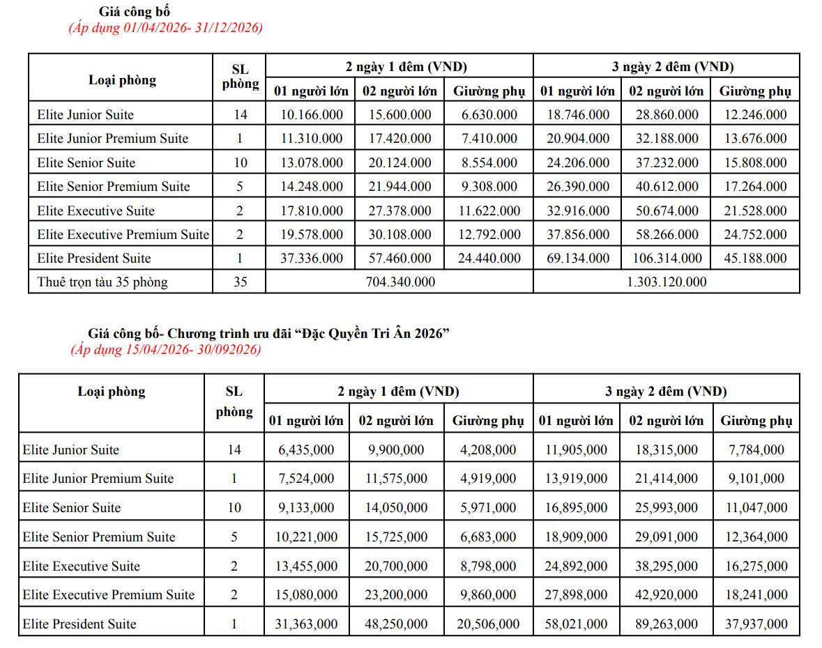 Du thuyền Elite of the Seas 6 sao – Đỉnh cao nghỉ dưỡng xa hoa tại Vịnh Hạ Long & Lan Hạ Giá công bố- Chương trình ưu đãi “Đặc Quyền Tri Ân 2026”