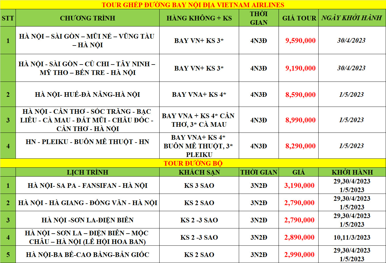 Tour nghỉ lễ 30.4 năm 2023
